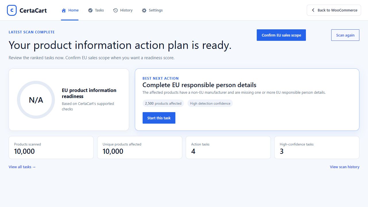 CertaCart dashboard showing a store readiness score and next task